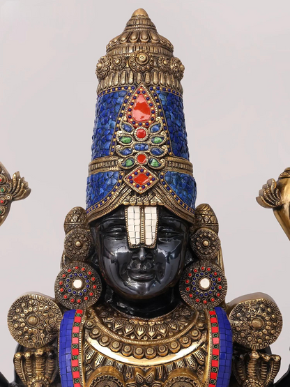 Brassaura® Tirupati Balaji Standing Idol with Black & Gold Colour and Colourful Stone Finish | Pure Superfine Brass Handcrafted Murti | Brass Statue for Home Temple, Pooja Room | Height 67 Inches | Weight 104 Kgs