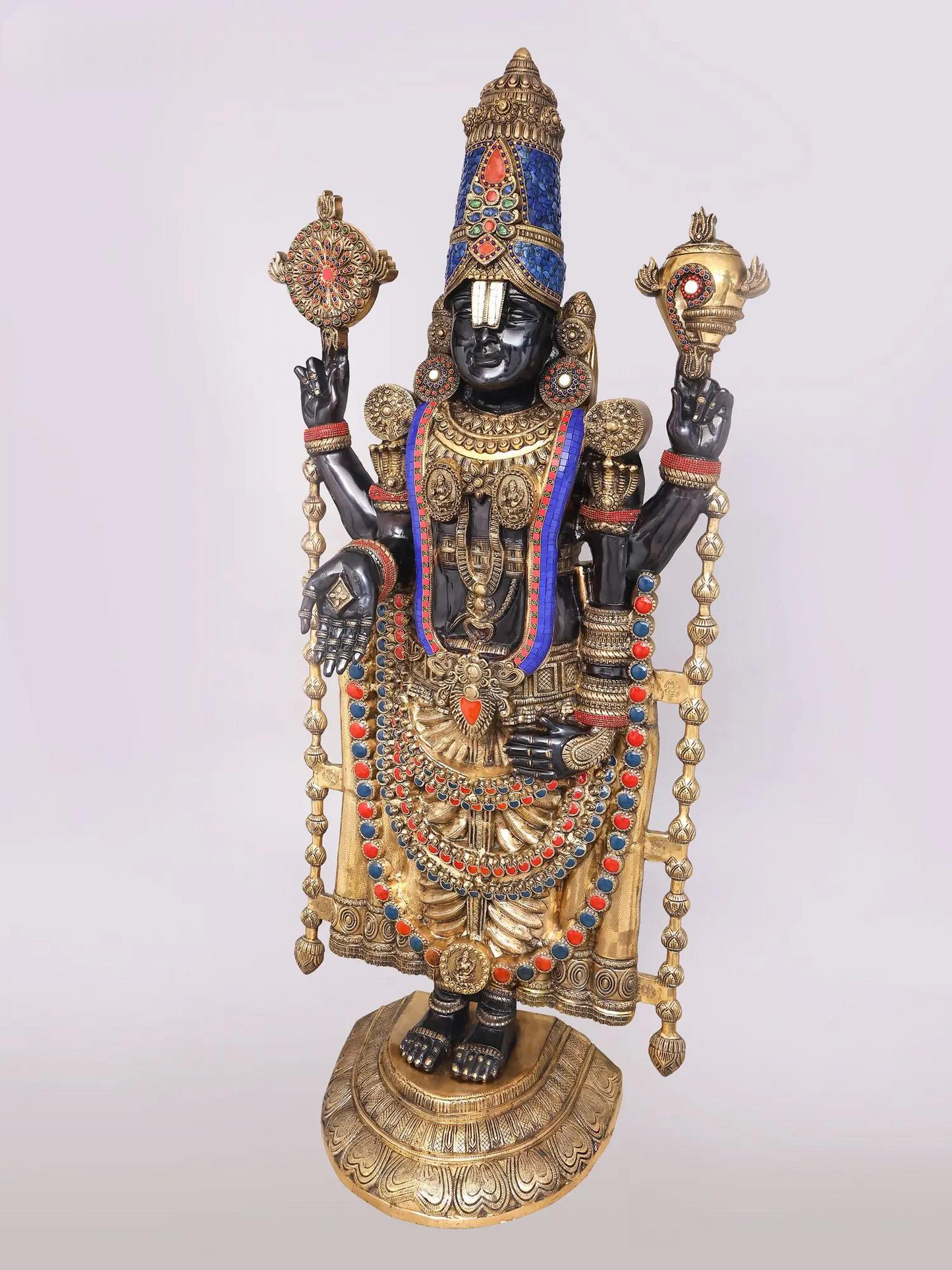 Brassaura® Tirupati Balaji Standing Idol with Black & Gold Colour and Colourful Stone Finish | Pure Superfine Brass Handcrafted Murti | Brass Statue for Home Temple, Pooja Room | Height 67 Inches | Weight 104 Kgs