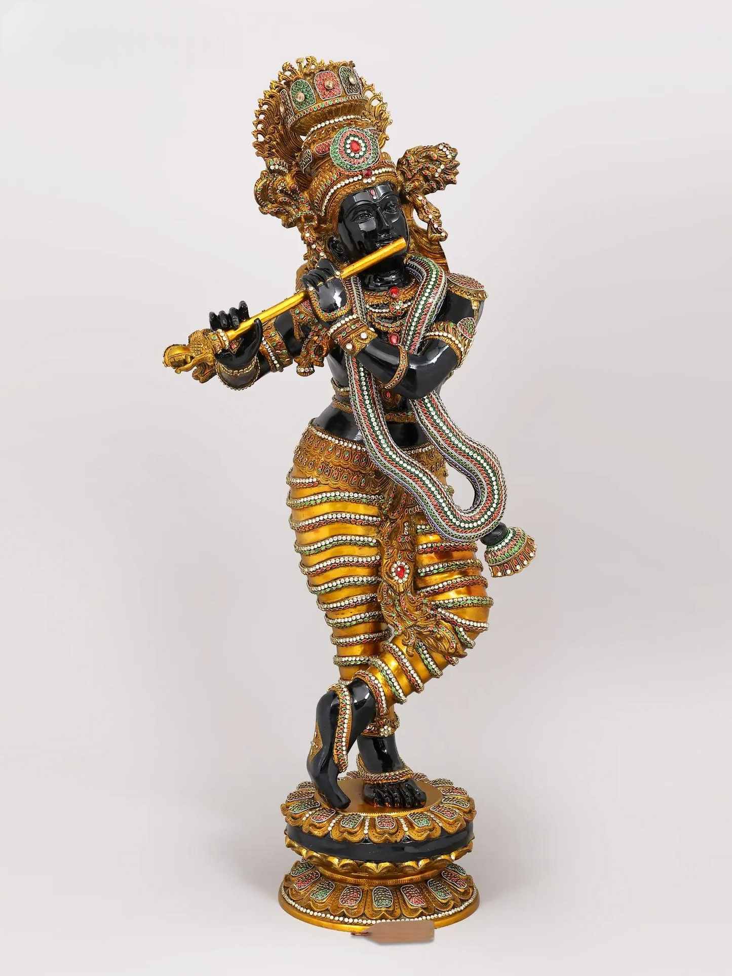 Brassaura® Krishna Standing Playing Flute Idol with Black Colour and Colourful Stone Inlay Finish | Pure Superfine Brass Handcrafted Murti | Brass Statue for Home Temple, Pooja Room | Height 45 Inches | Weight 56 Kgs