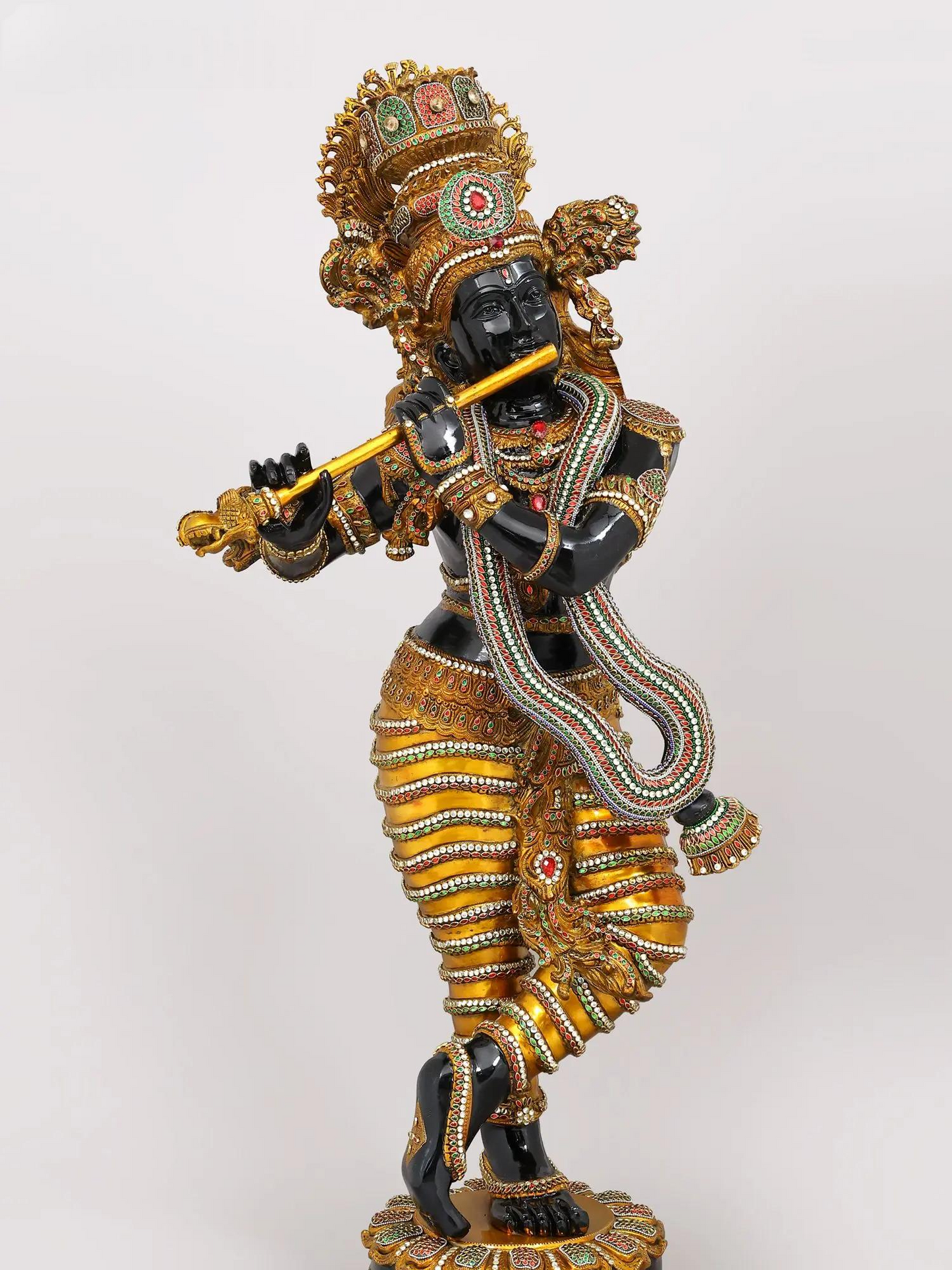 Brassaura® Krishna Standing Playing Flute Idol with Black Colour and Colourful Stone Inlay Finish | Pure Superfine Brass Handcrafted Murti | Brass Statue for Home Temple, Pooja Room | Height 45 Inches | Weight 56 Kgs