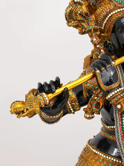 Brassaura® Krishna Standing Playing Flute Idol with Black Colour and Colourful Stone Inlay Finish | Pure Superfine Brass Handcrafted Murti | Brass Statue for Home Temple, Pooja Room | Height 45 Inches | Weight 56 Kgs