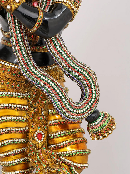 Brassaura® Krishna Standing Playing Flute Idol with Black Colour and Colourful Stone Inlay Finish | Pure Superfine Brass Handcrafted Murti | Brass Statue for Home Temple, Pooja Room | Height 45 Inches | Weight 56 Kgs