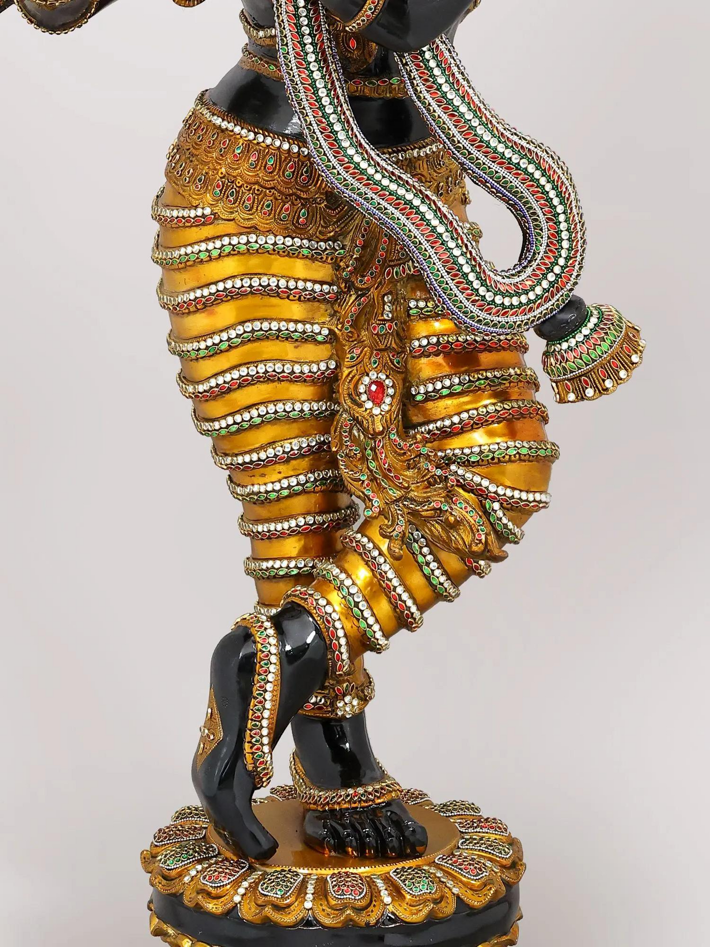 Brassaura® Krishna Standing Playing Flute Idol with Black Colour and Colourful Stone Inlay Finish | Pure Superfine Brass Handcrafted Murti | Brass Statue for Home Temple, Pooja Room | Height 45 Inches | Weight 56 Kgs