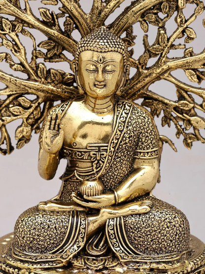Brassaura® Buddha Meditating Under Bodhi Tree in Vitarka Mudra Idol with Gold Finish | Pure Superfine Brass Handcrafted Murti | Brass Statue for Home Temple, Pooja Room | Height 6.5 Inches | Weight 0.37 Kgs
