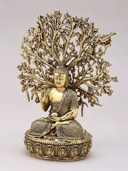 Brassaura® Buddha Meditating Under Bodhi Tree in Vitarka Mudra Idol with Gold Finish | Pure Superfine Brass Handcrafted Murti | Brass Statue for Home Temple, Pooja Room | Height 6.5 Inches | Weight 0.37 Kgs