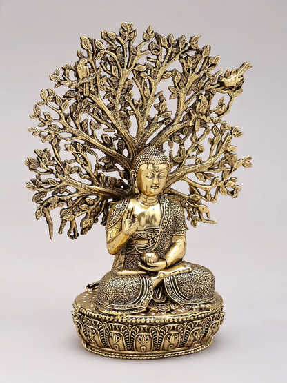 Brassaura® Buddha Meditating Under Bodhi Tree in Vitarka Mudra Idol with Gold Finish | Pure Superfine Brass Handcrafted Murti | Brass Statue for Home Temple, Pooja Room | Height 6.5 Inches | Weight 0.37 Kgs