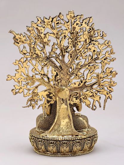 Brassaura® Buddha Meditating Under Bodhi Tree in Vitarka Mudra Idol with Gold Finish | Pure Superfine Brass Handcrafted Murti | Brass Statue for Home Temple, Pooja Room | Height 6.5 Inches | Weight 0.37 Kgs