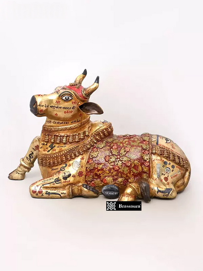Brassaura® Nandi Reclining Idol with Hand-Painted Gold Finish | Pure Superfine Brass Handcrafted Murti | Brass Statue for Home Temple, Pooja Room | Height 22 Inches | Weight 28.2 Kgs