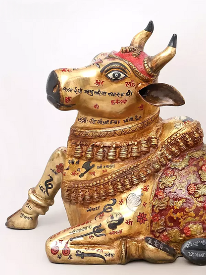 Brassaura® Nandi Reclining Idol with Hand-Painted Gold Finish | Pure Superfine Brass Handcrafted Murti | Brass Statue for Home Temple, Pooja Room | Height 22 Inches | Weight 28.2 Kgs