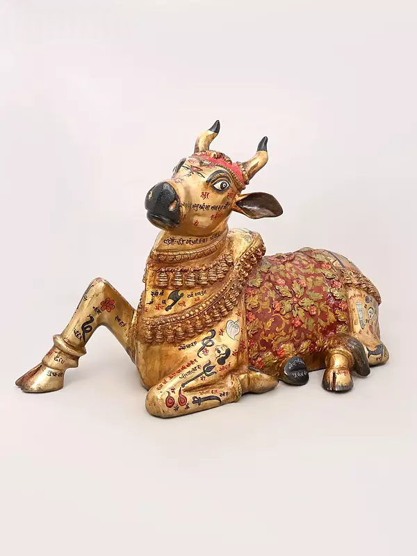 Brassaura® Nandi Reclining Idol with Hand-Painted Gold Finish | Pure Superfine Brass Handcrafted Murti | Brass Statue for Home Temple, Pooja Room | Height 22 Inches | Weight 28.2 Kgs