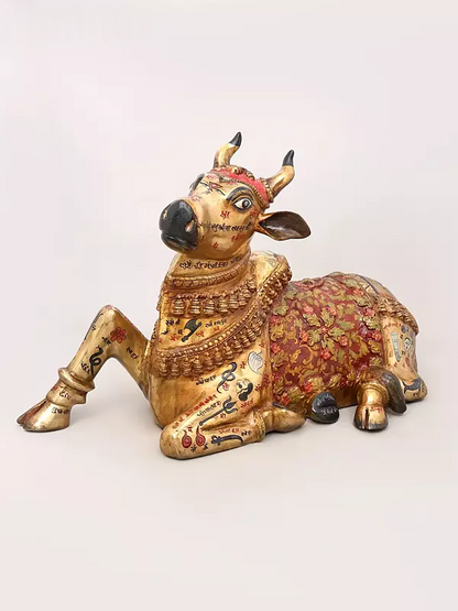 Brassaura® Nandi Reclining Idol with Hand-Painted Gold Finish | Pure Superfine Brass Handcrafted Murti | Brass Statue for Home Temple, Pooja Room | Height 22 Inches | Weight 28.2 Kgs