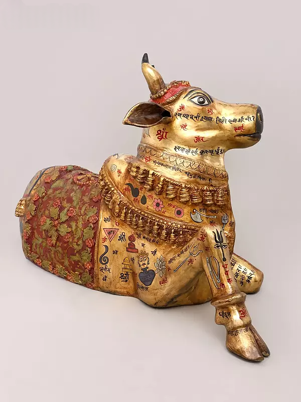 Brassaura® Nandi Reclining Idol with Hand-Painted Gold Finish | Pure Superfine Brass Handcrafted Murti | Brass Statue for Home Temple, Pooja Room | Height 22 Inches | Weight 28.2 Kgs
