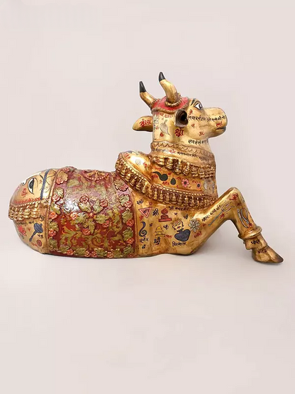 Brassaura® Nandi Reclining Idol with Hand-Painted Gold Finish | Pure Superfine Brass Handcrafted Murti | Brass Statue for Home Temple, Pooja Room | Height 22 Inches | Weight 28.2 Kgs