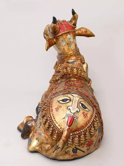 Brassaura® Nandi Reclining Idol with Hand-Painted Gold Finish | Pure Superfine Brass Handcrafted Murti | Brass Statue for Home Temple, Pooja Room | Height 22 Inches | Weight 28.2 Kgs