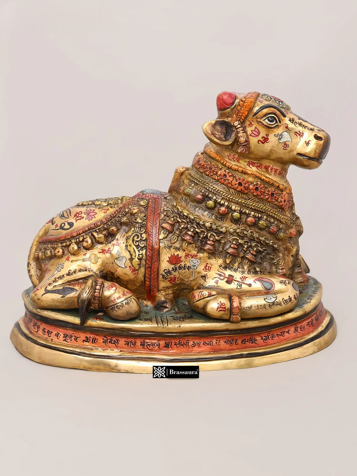 Brassaura® Nandi Reclining Idol with Hand-Painted Gold Finish | Pure Superfine Brass Handcrafted Murti | Brass Statue for Home Temple, Pooja Room | Height 13 Inches | Weight 13.68 Kgs