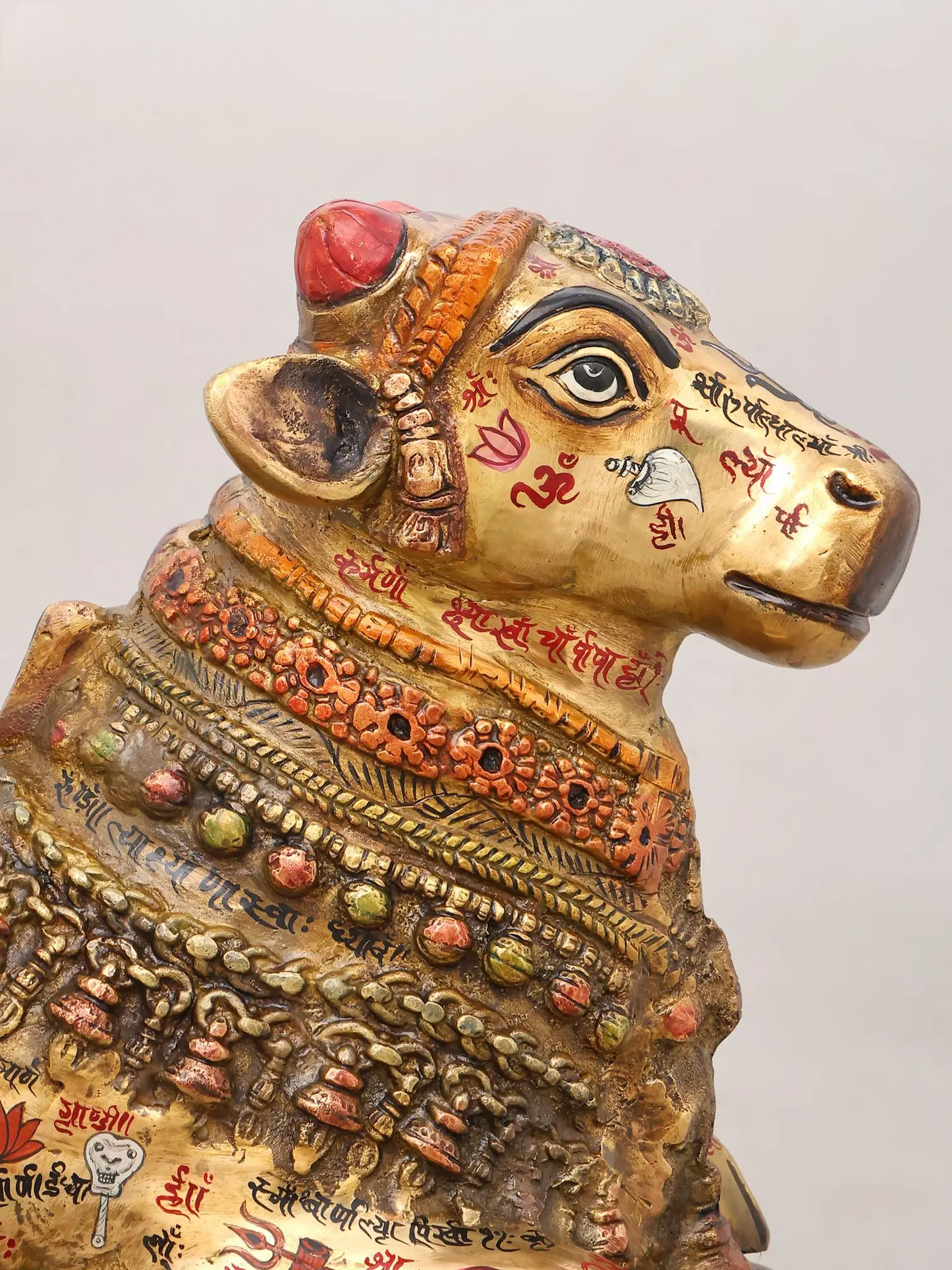 Brassaura® Nandi Reclining Idol with Hand-Painted Gold Finish | Pure Superfine Brass Handcrafted Murti | Brass Statue for Home Temple, Pooja Room | Height 13 Inches | Weight 13.68 Kgs