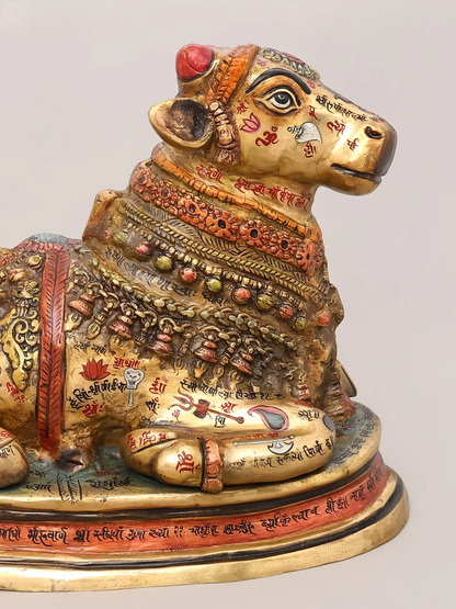 Brassaura® Nandi Reclining Idol with Hand-Painted Gold Finish | Pure Superfine Brass Handcrafted Murti | Brass Statue for Home Temple, Pooja Room | Height 13 Inches | Weight 13.68 Kgs