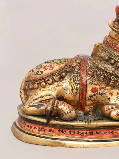 Brassaura® Nandi Reclining Idol with Hand-Painted Gold Finish | Pure Superfine Brass Handcrafted Murti | Brass Statue for Home Temple, Pooja Room | Height 13 Inches | Weight 13.68 Kgs