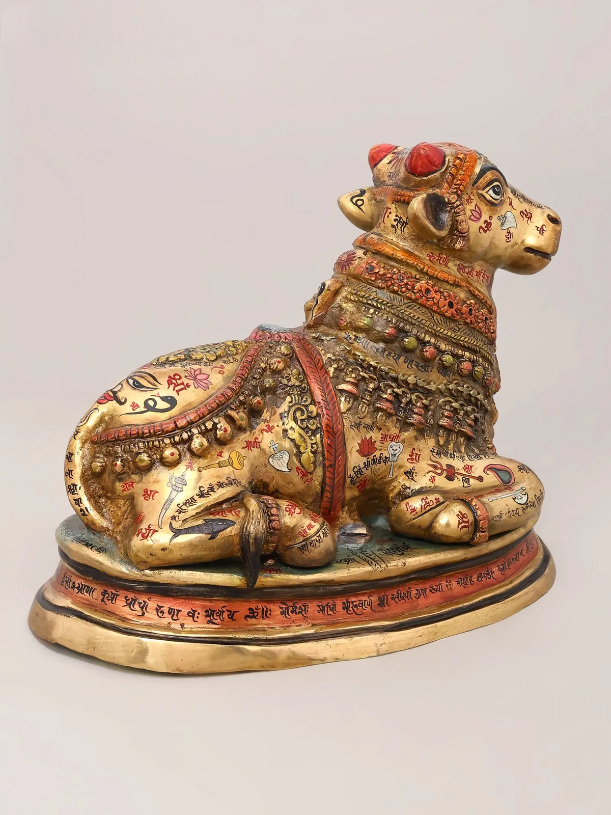 Brassaura® Nandi Reclining Idol with Hand-Painted Gold Finish | Pure Superfine Brass Handcrafted Murti | Brass Statue for Home Temple, Pooja Room | Height 13 Inches | Weight 13.68 Kgs