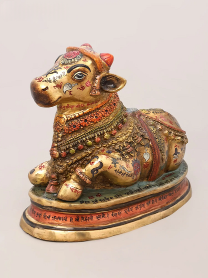 Brassaura® Nandi Reclining Idol with Hand-Painted Gold Finish | Pure Superfine Brass Handcrafted Murti | Brass Statue for Home Temple, Pooja Room | Height 13 Inches | Weight 13.68 Kgs