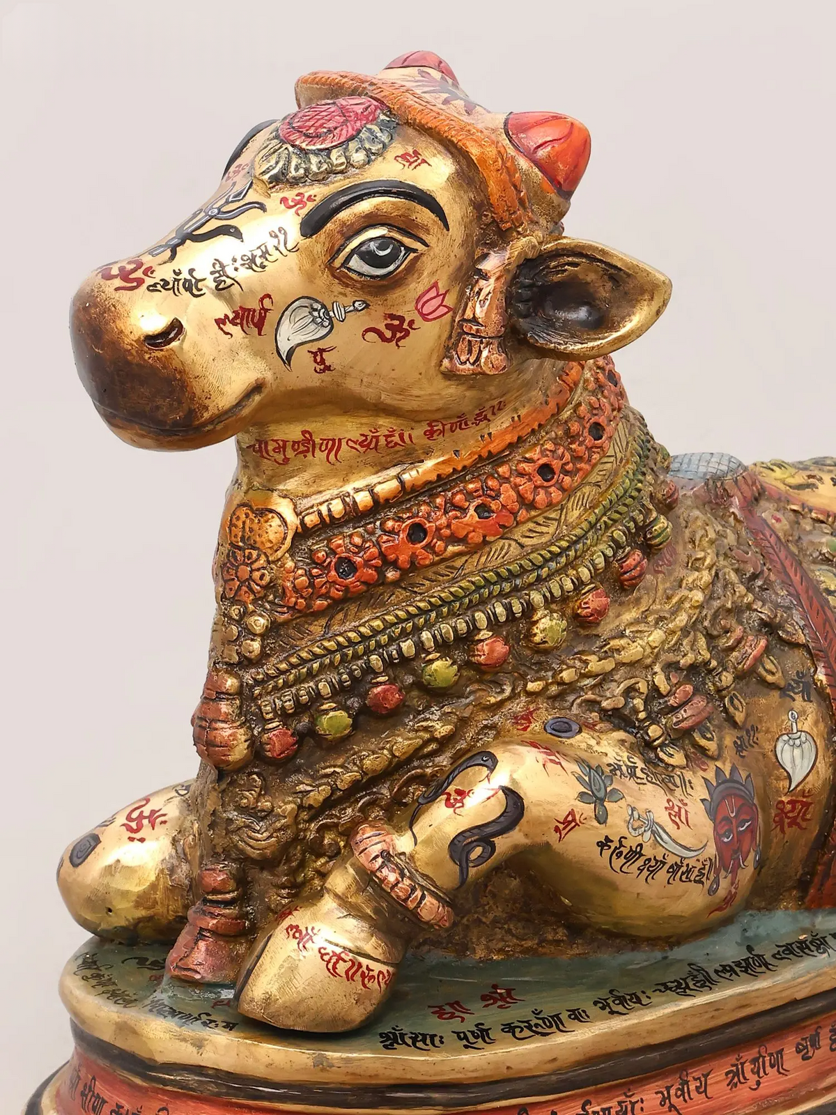 Brassaura® Nandi Reclining Idol with Hand-Painted Gold Finish | Pure Superfine Brass Handcrafted Murti | Brass Statue for Home Temple, Pooja Room | Height 13 Inches | Weight 13.68 Kgs