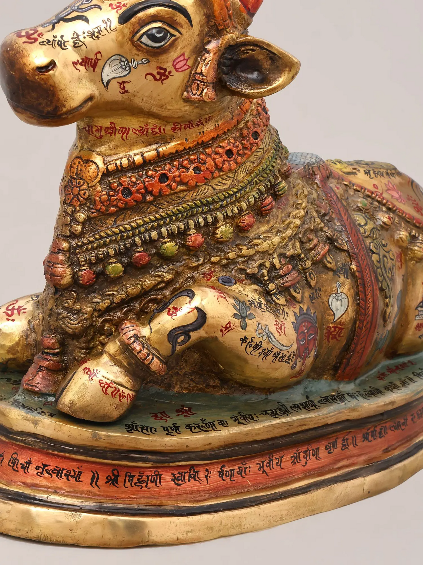 Brassaura® Nandi Reclining Idol with Hand-Painted Gold Finish | Pure Superfine Brass Handcrafted Murti | Brass Statue for Home Temple, Pooja Room | Height 13 Inches | Weight 13.68 Kgs