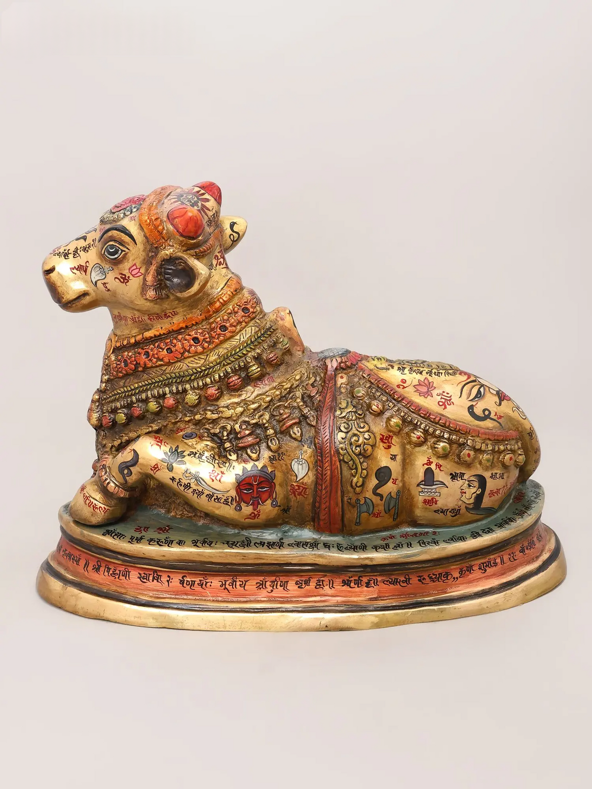 Brassaura® Nandi Reclining Idol with Hand-Painted Gold Finish | Pure Superfine Brass Handcrafted Murti | Brass Statue for Home Temple, Pooja Room | Height 13 Inches | Weight 13.68 Kgs