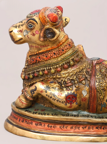 Brassaura® Nandi Reclining Idol with Hand-Painted Gold Finish | Pure Superfine Brass Handcrafted Murti | Brass Statue for Home Temple, Pooja Room | Height 13 Inches | Weight 13.68 Kgs