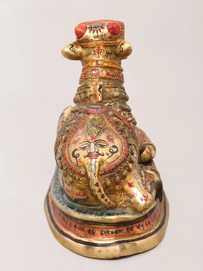 Brassaura® Nandi Reclining Idol with Hand-Painted Gold Finish | Pure Superfine Brass Handcrafted Murti | Brass Statue for Home Temple, Pooja Room | Height 13 Inches | Weight 13.68 Kgs