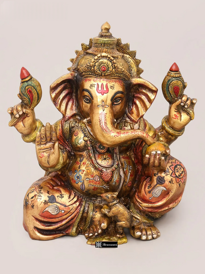 Brassaura® Ganesha Seated Blessing Pose Idol with Hand-Painted Gold Finish | Pure Superfine Brass Handcrafted Murti | Brass Statue for Home Temple, Pooja Room | Height 13 Inches | Weight 10.39 Kgs