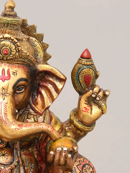 Brassaura® Ganesha Seated Blessing Pose Idol with Hand-Painted Gold Finish | Pure Superfine Brass Handcrafted Murti | Brass Statue for Home Temple, Pooja Room | Height 13 Inches | Weight 10.39 Kgs