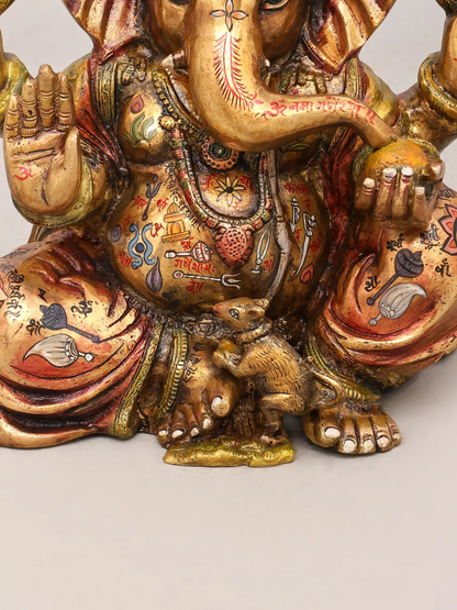 Brassaura® Ganesha Seated Blessing Pose Idol with Hand-Painted Gold Finish | Pure Superfine Brass Handcrafted Murti | Brass Statue for Home Temple, Pooja Room | Height 13 Inches | Weight 10.39 Kgs