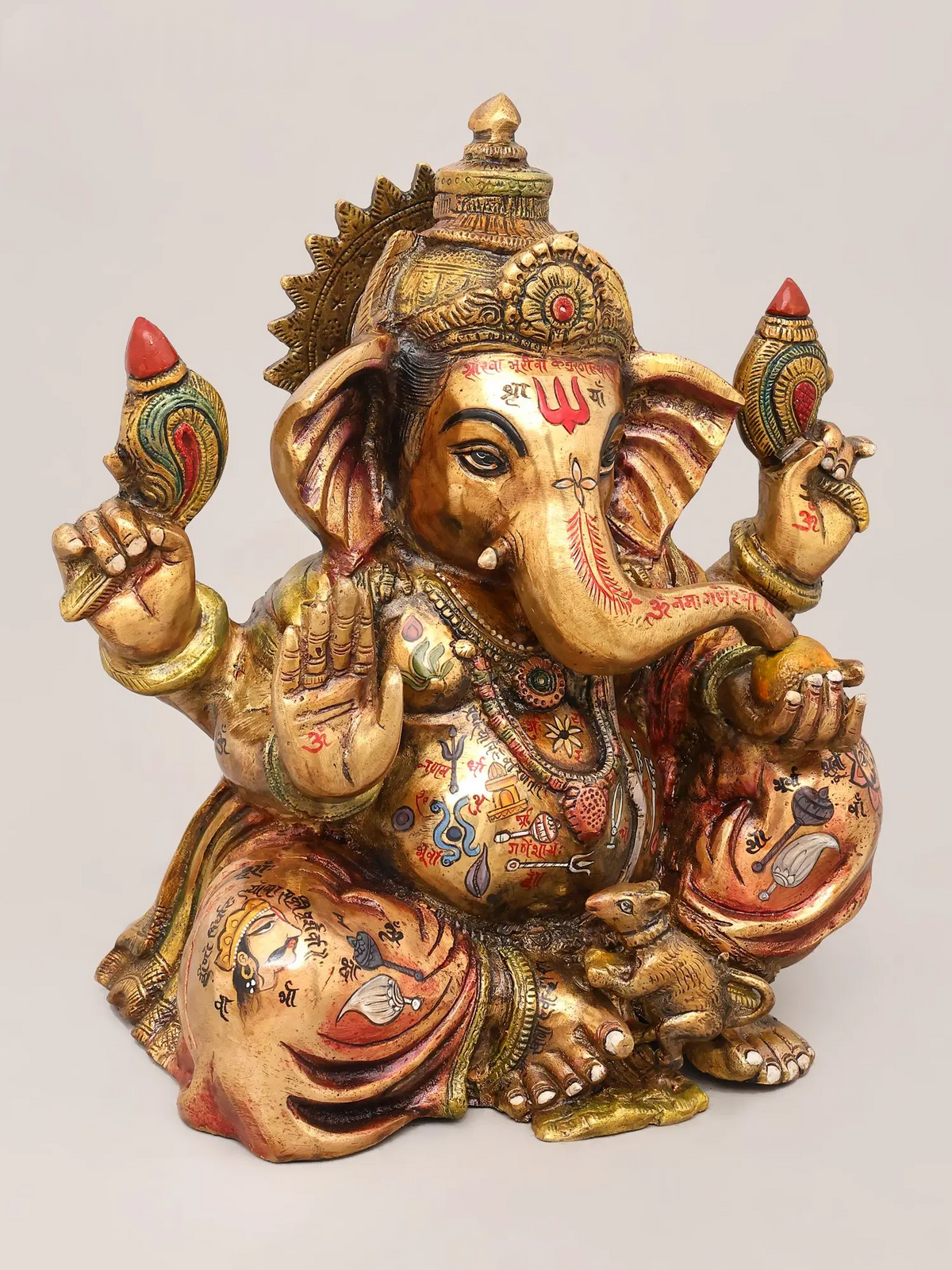 Brassaura® Ganesha Seated Blessing Pose Idol with Hand-Painted Gold Finish | Pure Superfine Brass Handcrafted Murti | Brass Statue for Home Temple, Pooja Room | Height 13 Inches | Weight 10.39 Kgs