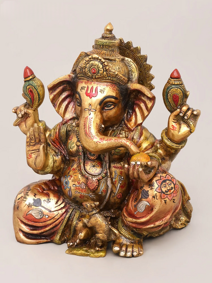 Brassaura® Ganesha Seated Blessing Pose Idol with Hand-Painted Gold Finish | Pure Superfine Brass Handcrafted Murti | Brass Statue for Home Temple, Pooja Room | Height 13 Inches | Weight 10.39 Kgs