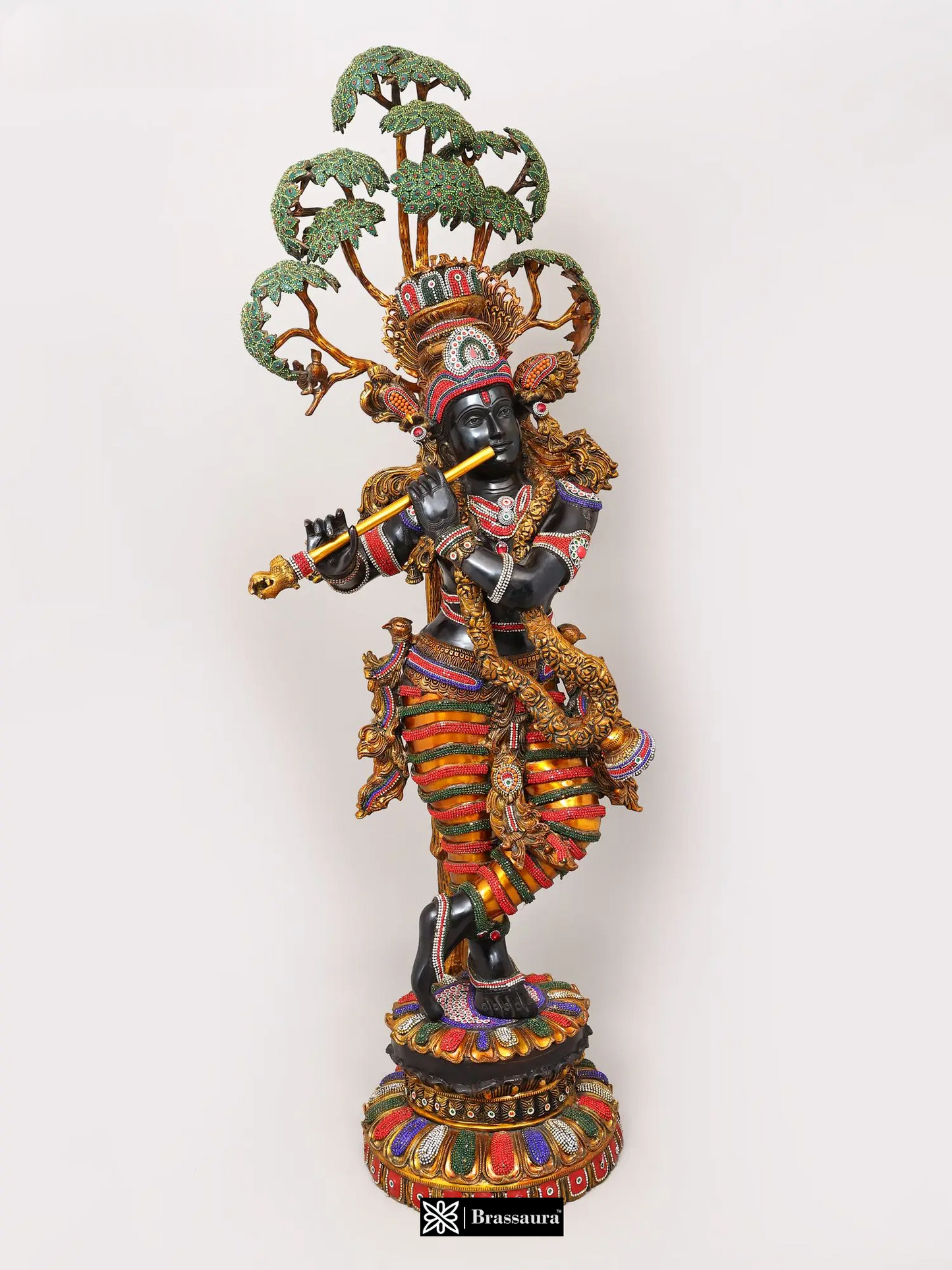 Brassaura® Krishna Tribhanga Playing Flute Idol with Multi-Color Inlay Finish | Pure Superfine Brass Handcrafted Murti | Brass Statue for Home Temple, Pooja Room | Height 57 Inches | Weight 80.16 Kgs