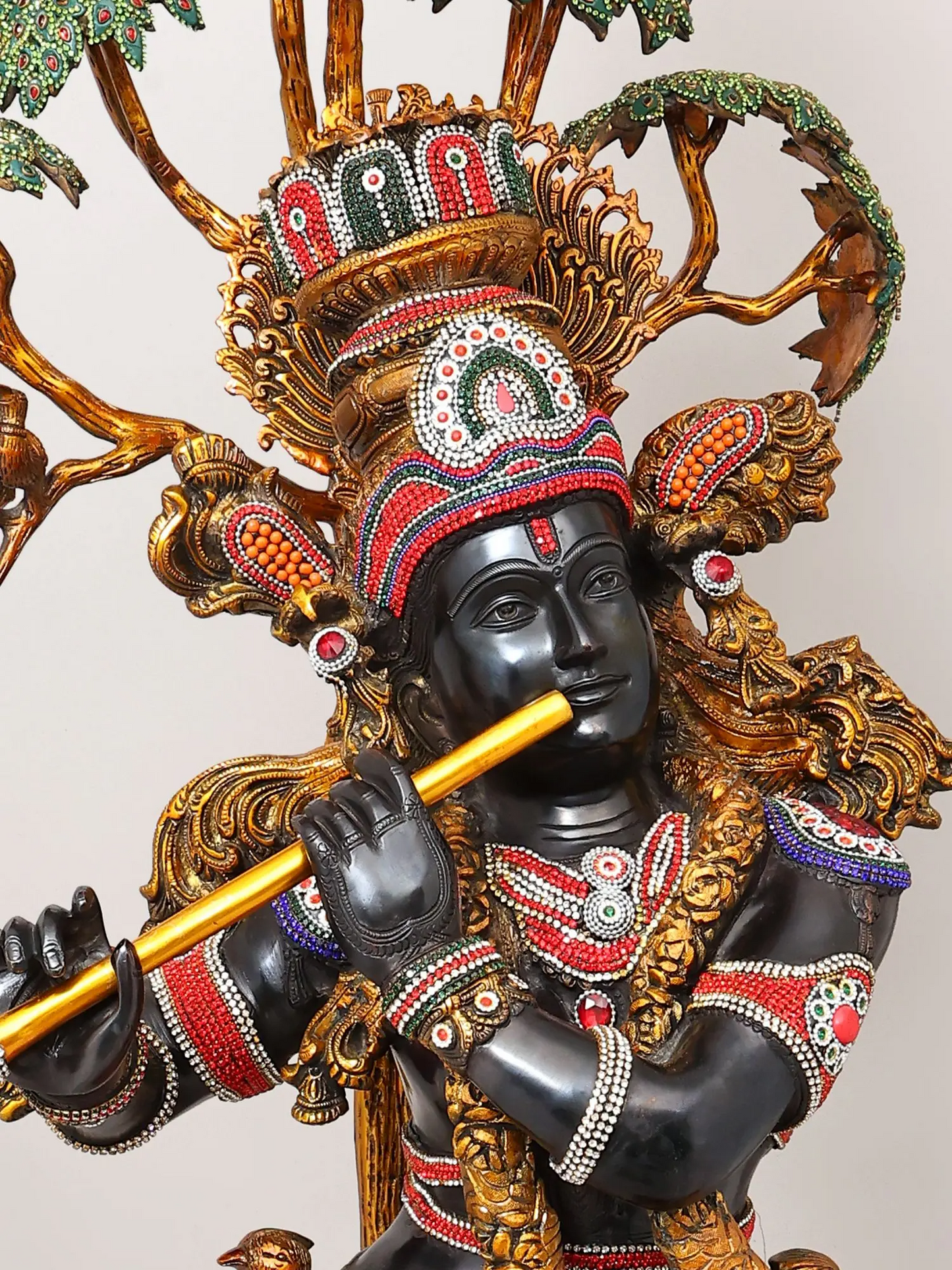 Brassaura® Krishna Tribhanga Playing Flute Idol with Multi-Color Inlay Finish | Pure Superfine Brass Handcrafted Murti | Brass Statue for Home Temple, Pooja Room | Height 57 Inches | Weight 80.16 Kgs