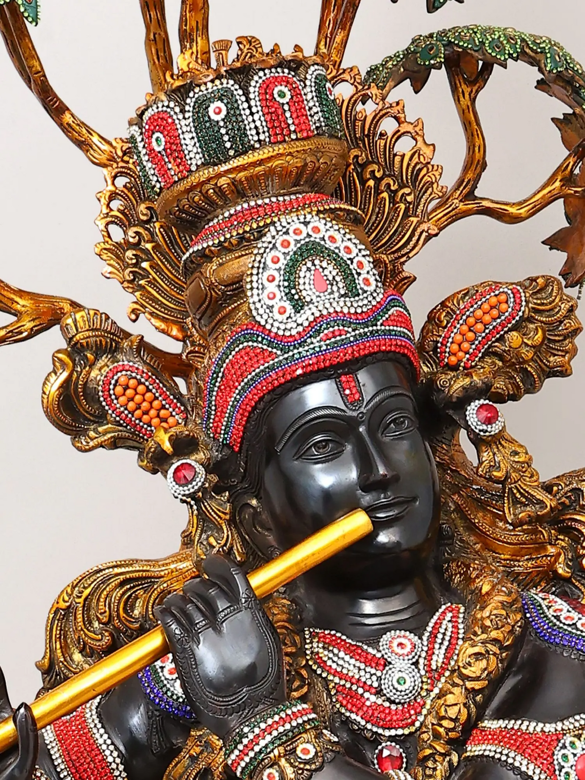 Brassaura® Krishna Tribhanga Playing Flute Idol with Multi-Color Inlay Finish | Pure Superfine Brass Handcrafted Murti | Brass Statue for Home Temple, Pooja Room | Height 57 Inches | Weight 80.16 Kgs