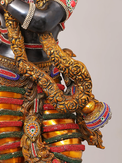Brassaura® Krishna Tribhanga Playing Flute Idol with Multi-Color Inlay Finish | Pure Superfine Brass Handcrafted Murti | Brass Statue for Home Temple, Pooja Room | Height 57 Inches | Weight 80.16 Kgs