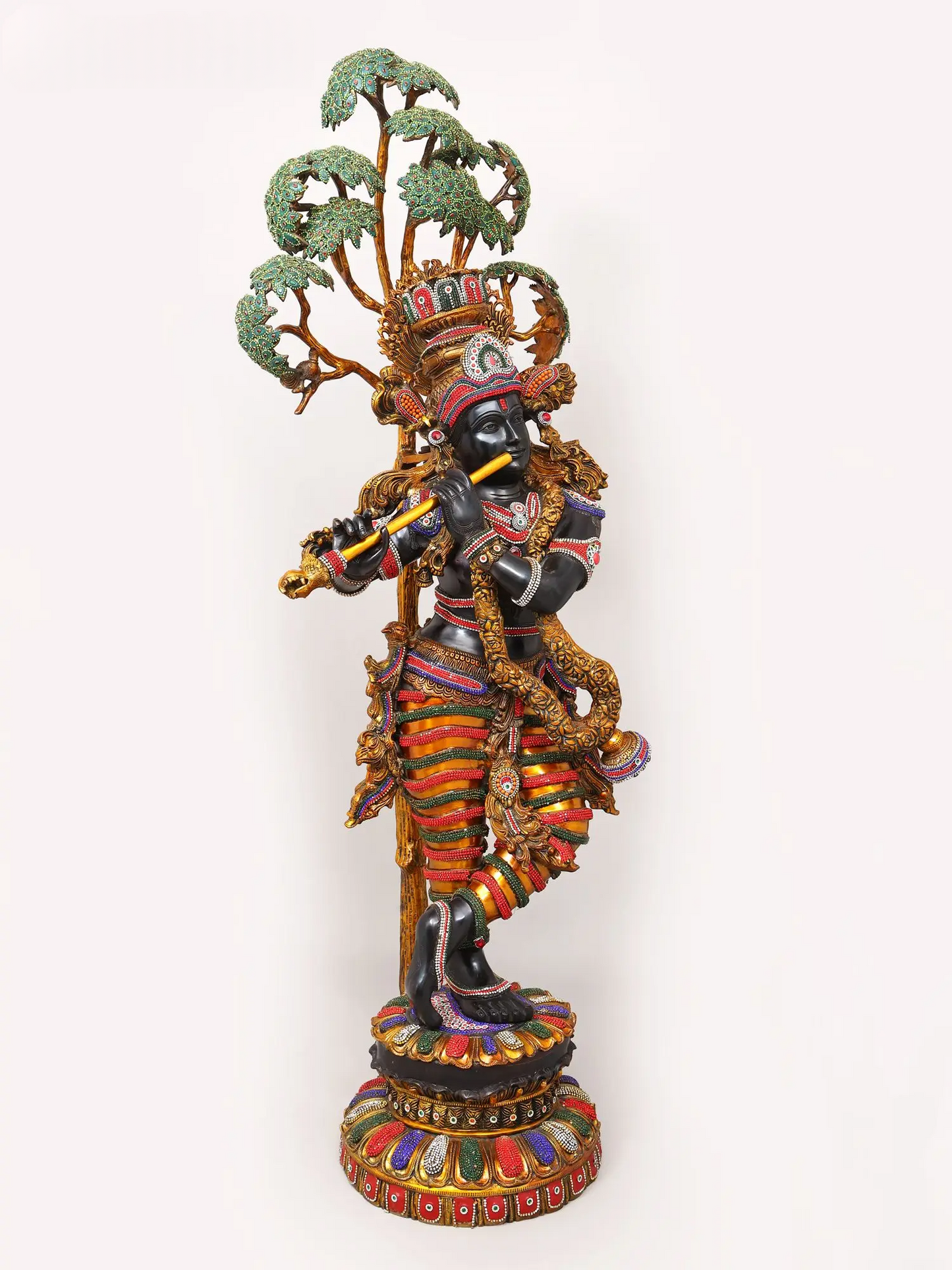 Brassaura® Krishna Tribhanga Playing Flute Idol with Multi-Color Inlay Finish | Pure Superfine Brass Handcrafted Murti | Brass Statue for Home Temple, Pooja Room | Height 57 Inches | Weight 80.16 Kgs