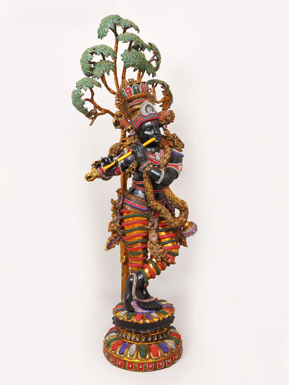 Brassaura® Krishna Tribhanga Playing Flute Idol with Multi-Color Inlay Finish | Pure Superfine Brass Handcrafted Murti | Brass Statue for Home Temple, Pooja Room | Height 57 Inches | Weight 80.16 Kgs