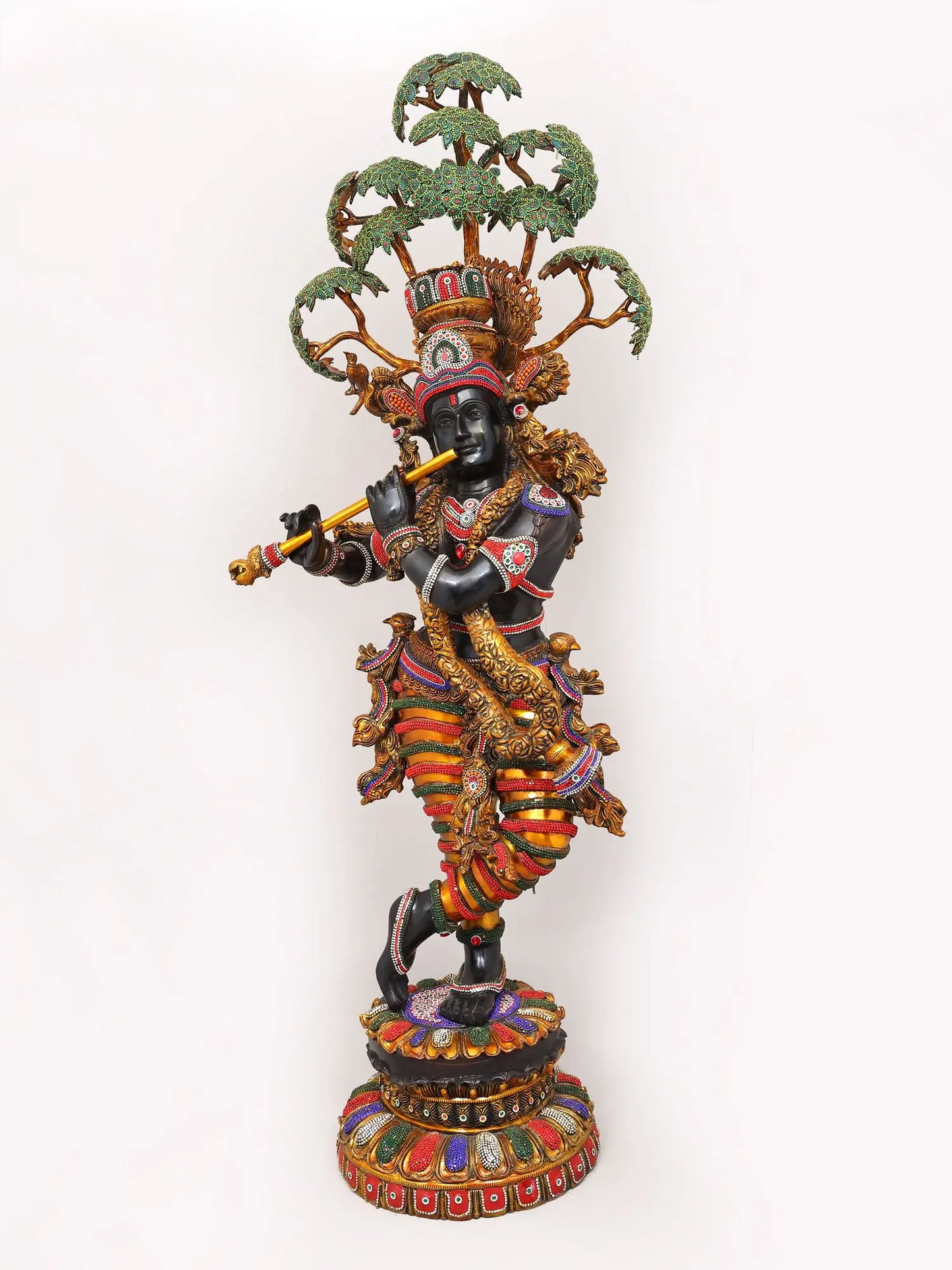 Brassaura® Krishna Tribhanga Playing Flute Idol with Multi-Color Inlay Finish | Pure Superfine Brass Handcrafted Murti | Brass Statue for Home Temple, Pooja Room | Height 57 Inches | Weight 80.16 Kgs