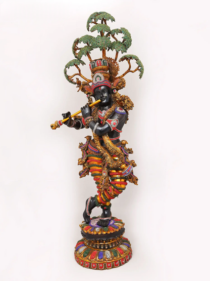 Brassaura® Krishna Tribhanga Playing Flute Idol with Multi-Color Inlay Finish | Pure Superfine Brass Handcrafted Murti | Brass Statue for Home Temple, Pooja Room | Height 57 Inches | Weight 80.16 Kgs