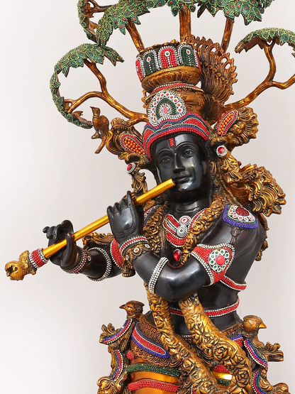 Brassaura® Krishna Tribhanga Playing Flute Idol with Multi-Color Inlay Finish | Pure Superfine Brass Handcrafted Murti | Brass Statue for Home Temple, Pooja Room | Height 57 Inches | Weight 80.16 Kgs