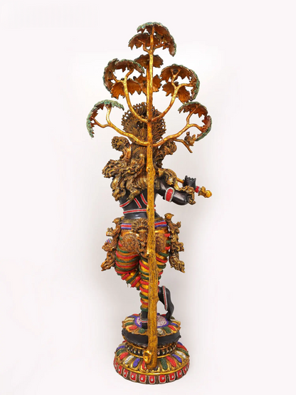 Brassaura® Krishna Tribhanga Playing Flute Idol with Multi-Color Inlay Finish | Pure Superfine Brass Handcrafted Murti | Brass Statue for Home Temple, Pooja Room | Height 57 Inches | Weight 80.16 Kgs
