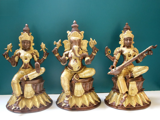 Brassaura® Lakshmi Ganesha Saraswati Idol Set | Brass Statue | Height 14.5 Inches & Weight 24.10 kgs