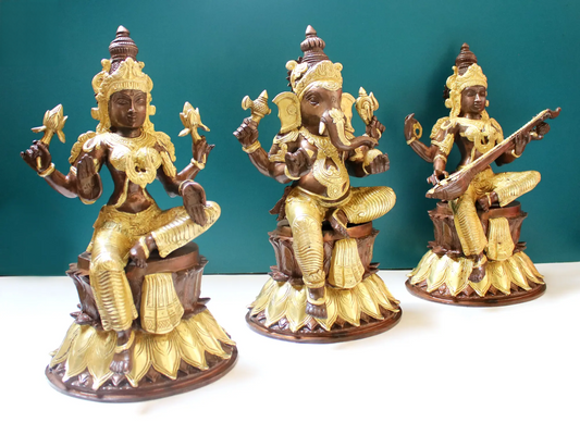 Brassaura® Lakshmi Ganesha Saraswati Idol Set | Brass Statue | Height 14.5 Inches & Weight 24.10 kgs