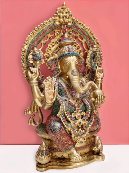 Brassaura™ Grand Lord Ganesha with Intricate Stone Inlay Work | Height 26 Inches & Weight 34.30 kgs