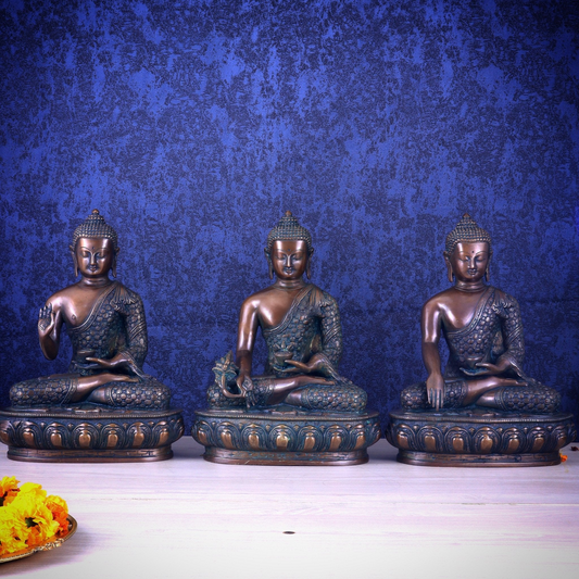 Brass Bhumisprasa, Blessing Buddha Three Statue Weight 6.8 kg & Height 13.5 Inch