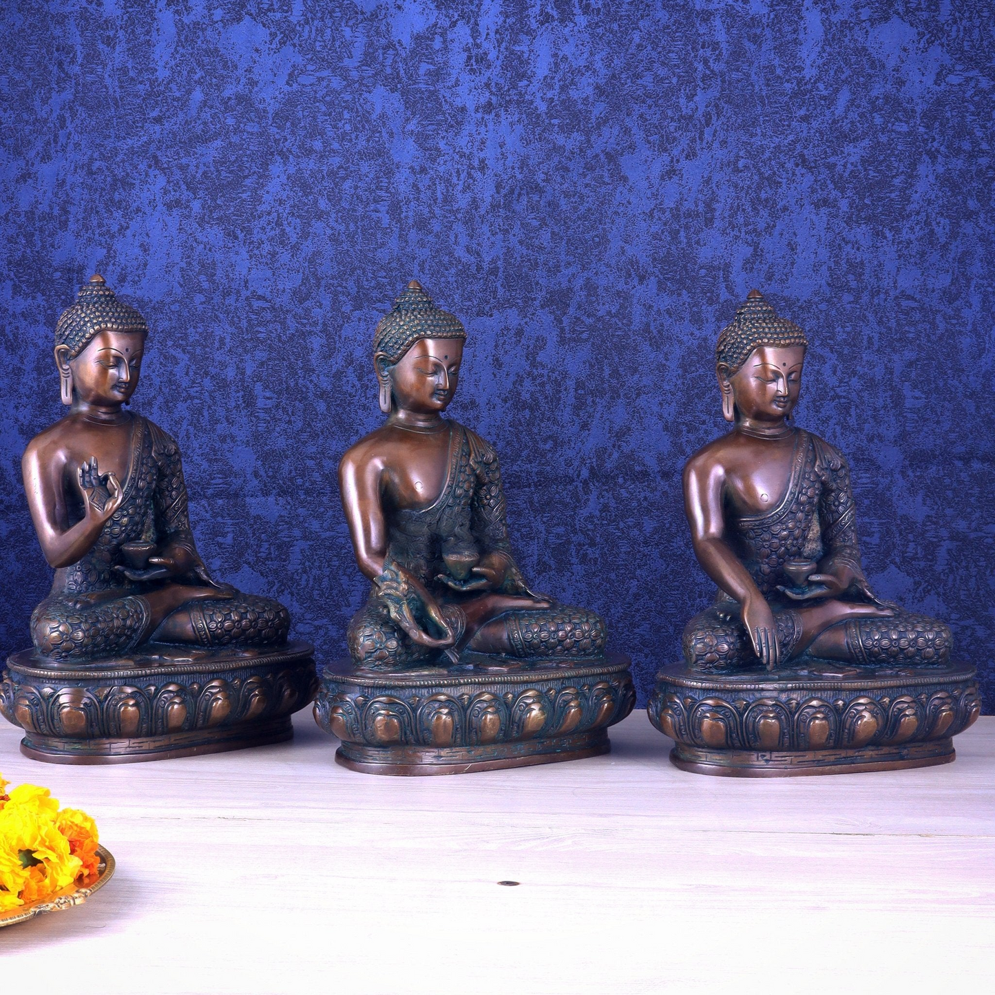 Brass Bhumisprasa, Blessing Buddha Three Statue Weight 6.8 kg & Height 13.5 Inch