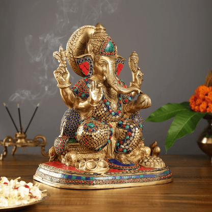 Brassaura™ Superfine Brass Ganesha Idol with Fruit Bowl & Modak Thali | Intricate Stonework | Height 13 Inches & Weight 12 Kgs